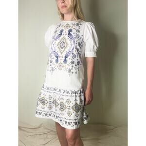 HAPPY X NATURE Linen White Floral Peacock Boho Puff Sleeve Dress US MEDIUM
